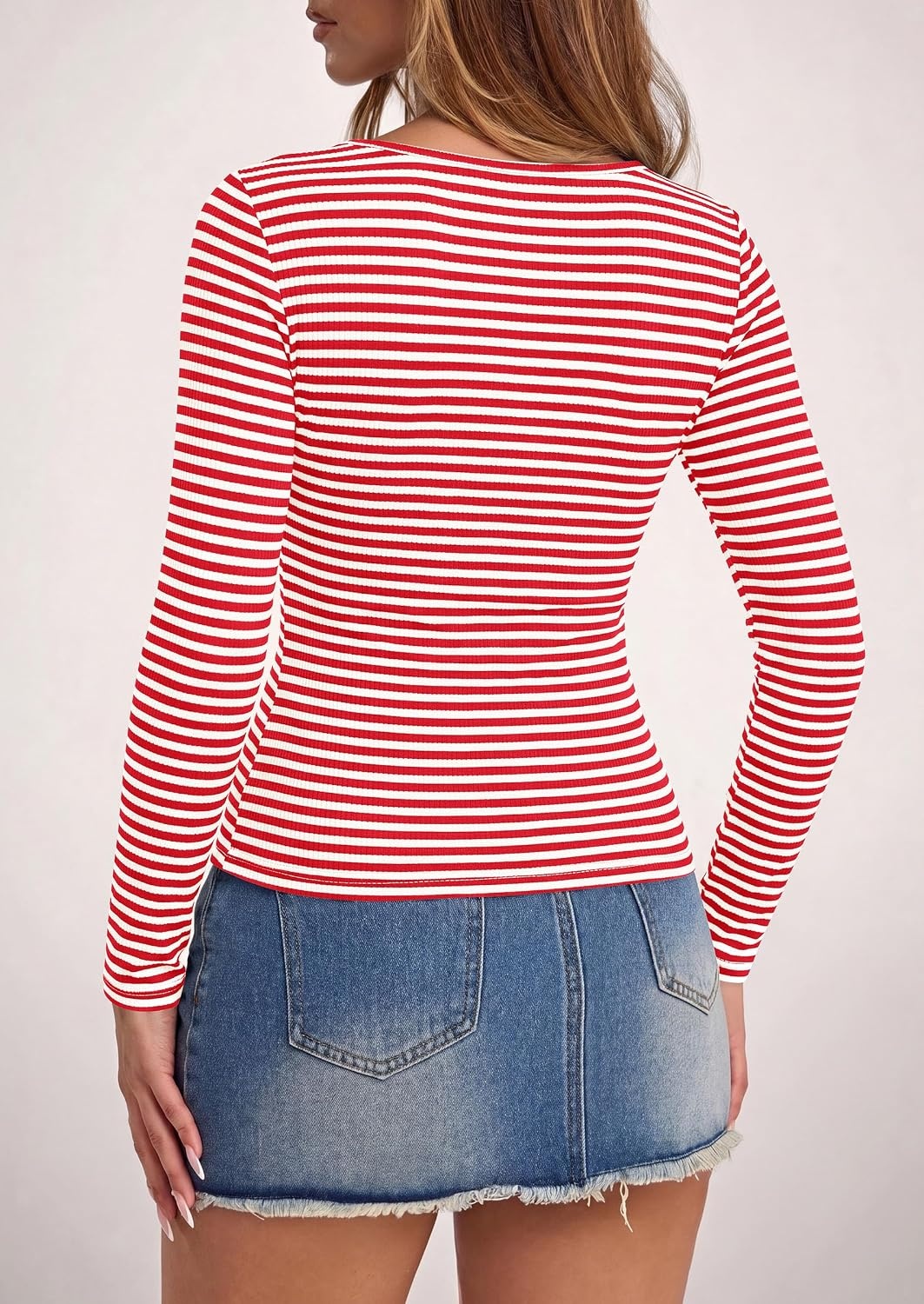image:imagePRETTYGARDEN Long Sleeve Striped Shirts for Women Soft Ribbed Knit Y2k TshirtSlim Fit LayeringCute TopsBasic TeeBusiness Casual Outfits2026 Spring Fall Trendy ClothesStriped Red White