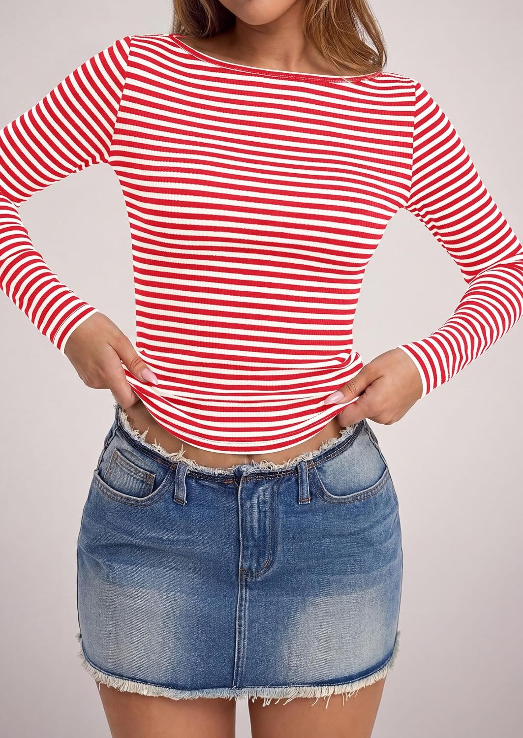 image:imagePRETTYGARDEN Long Sleeve Striped Shirts for Women Soft Ribbed Knit Y2k TshirtSlim Fit LayeringCute TopsBasic TeeBusiness Casual Outfits2026 Spring Fall Trendy ClothesStriped Red White