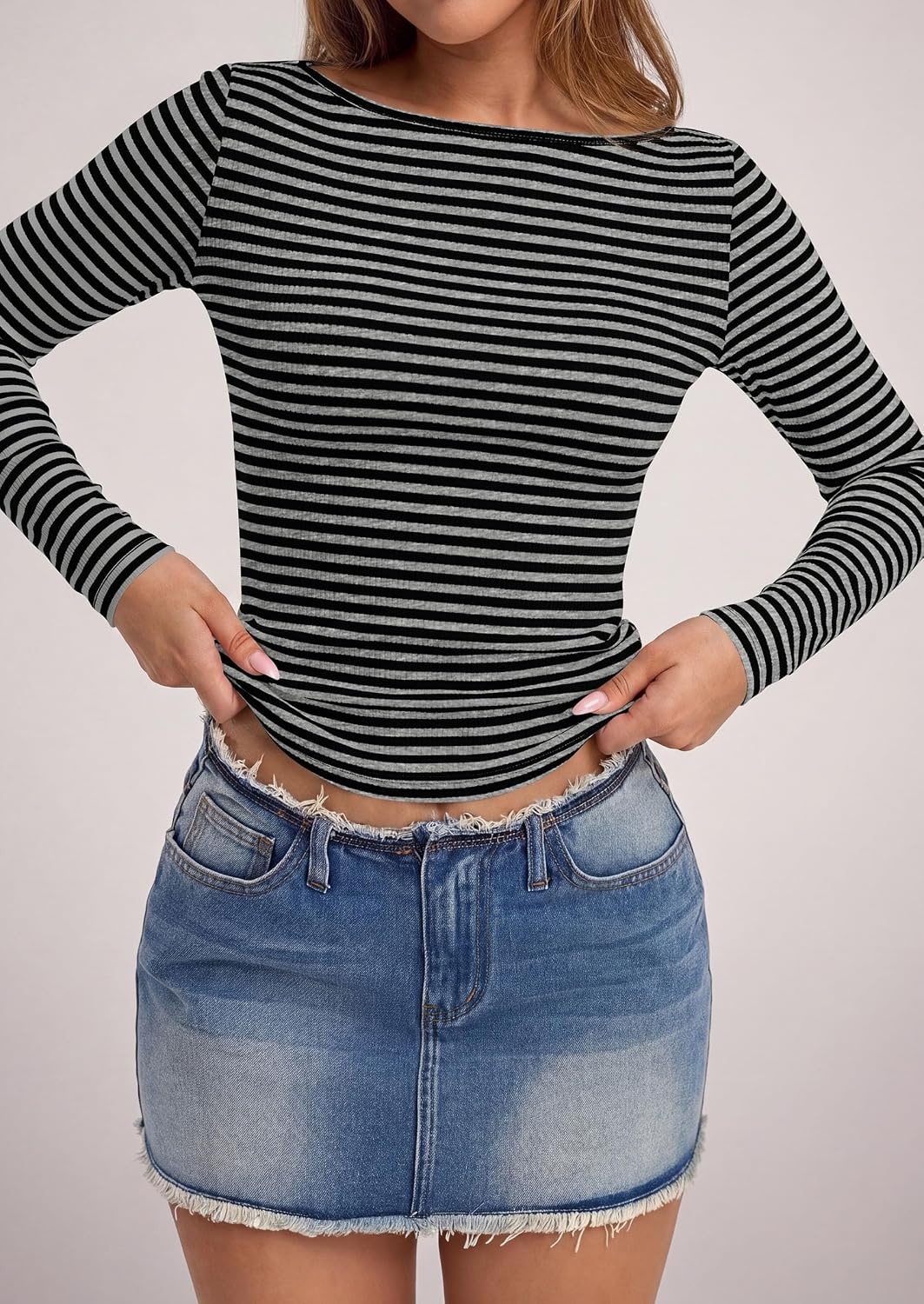 image:imagePRETTYGARDEN Long Sleeve Striped Shirts for Women Soft Ribbed Knit Y2k TshirtSlim Fit LayeringCute TopsBasic TeeBusiness Casual Outfits2026 Spring Fall Trendy ClothesStriped Grey Black
