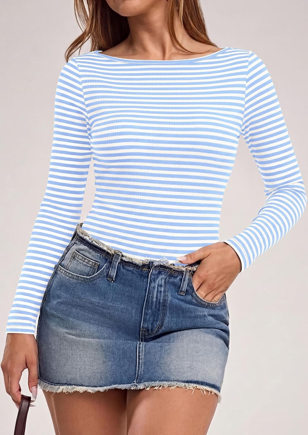 image:imagePRETTYGARDEN Long Sleeve Striped Shirts for Women Soft Ribbed Knit Y2k TshirtSlim Fit LayeringCute TopsBasic TeeBusiness Casual Outfits2026 Spring Fall Trendy ClothesStriped Light Blue White