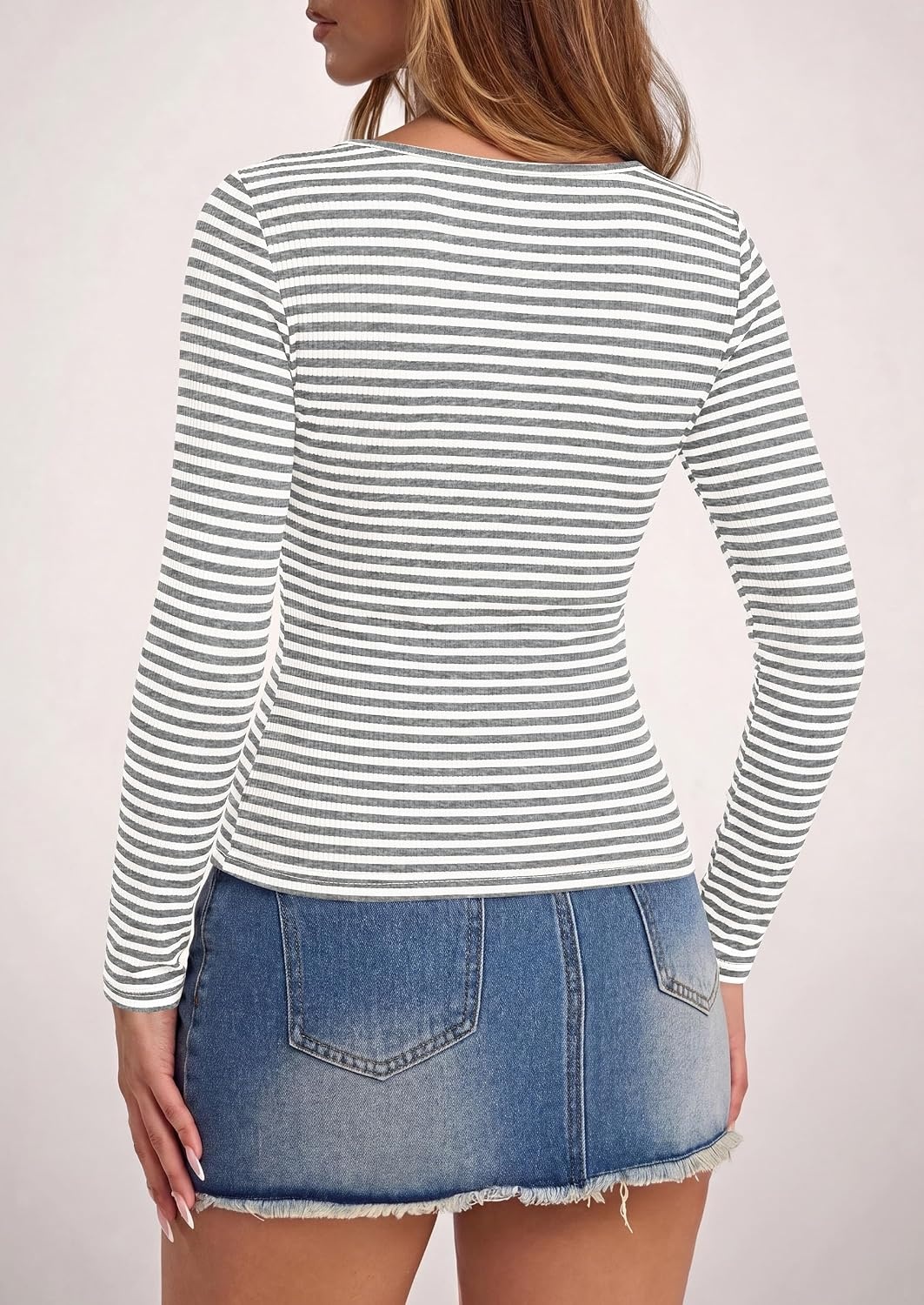 image:imagePRETTYGARDEN Long Sleeve Striped Shirts for Women Soft Ribbed Knit Y2k TshirtSlim Fit LayeringCute TopsBasic TeeBusiness Casual Outfits2026 Spring Fall Trendy ClothesStriped Light Grey White