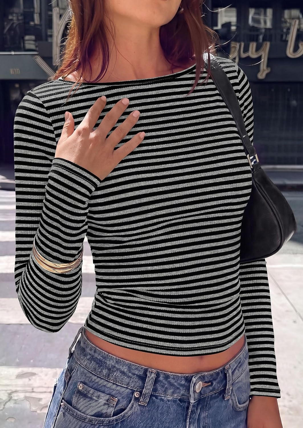 image:imagePRETTYGARDEN Long Sleeve Striped Shirts for Women Soft Ribbed Knit Y2k TshirtSlim Fit LayeringCute TopsBasic TeeBusiness Casual Outfits2026 Spring Fall Trendy ClothesStriped Grey Black