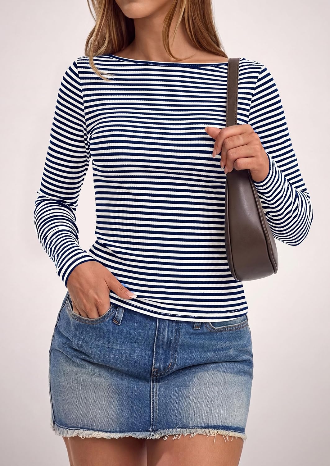 image:imagePRETTYGARDEN Long Sleeve Striped Shirts for Women Soft Ribbed Knit Y2k TshirtSlim Fit LayeringCute TopsBasic TeeBusiness Casual Outfits2026 Spring Fall Trendy ClothesStriped Navy White