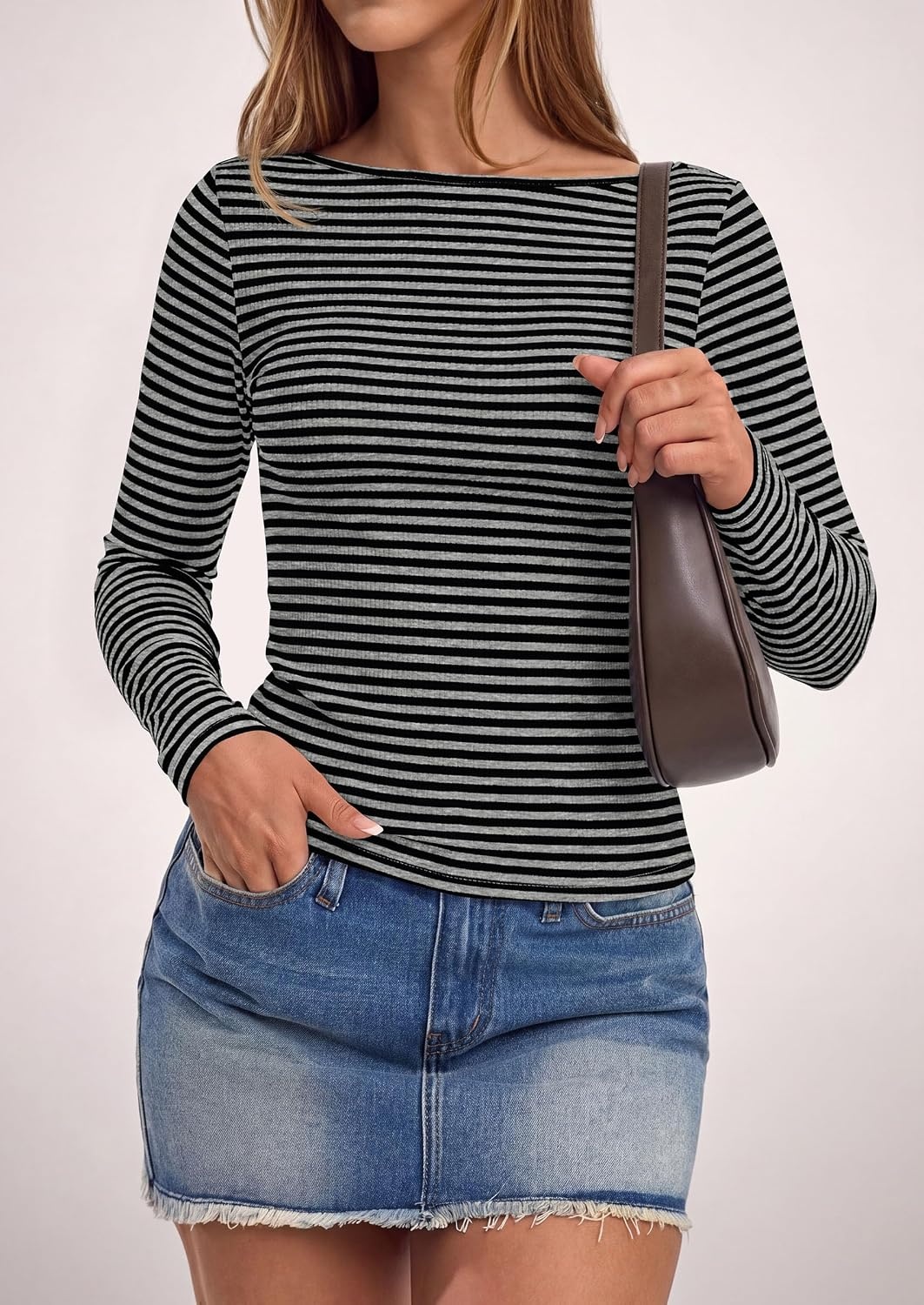 image:imagePRETTYGARDEN Long Sleeve Striped Shirts for Women Soft Ribbed Knit Y2k TshirtSlim Fit LayeringCute TopsBasic TeeBusiness Casual Outfits2026 Spring Fall Trendy ClothesStriped Grey Black