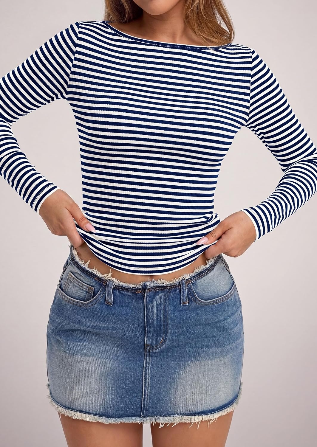 image:imagePRETTYGARDEN Long Sleeve Striped Shirts for Women Soft Ribbed Knit Y2k TshirtSlim Fit LayeringCute TopsBasic TeeBusiness Casual Outfits2026 Spring Fall Trendy ClothesStriped Navy White