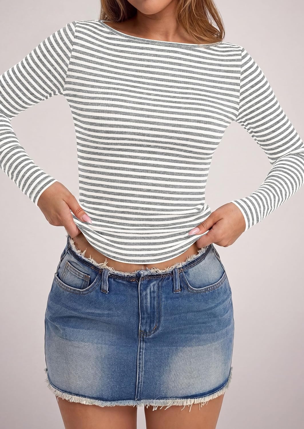 image:imagePRETTYGARDEN Long Sleeve Striped Shirts for Women Soft Ribbed Knit Y2k TshirtSlim Fit LayeringCute TopsBasic TeeBusiness Casual Outfits2026 Spring Fall Trendy ClothesStriped Light Grey White