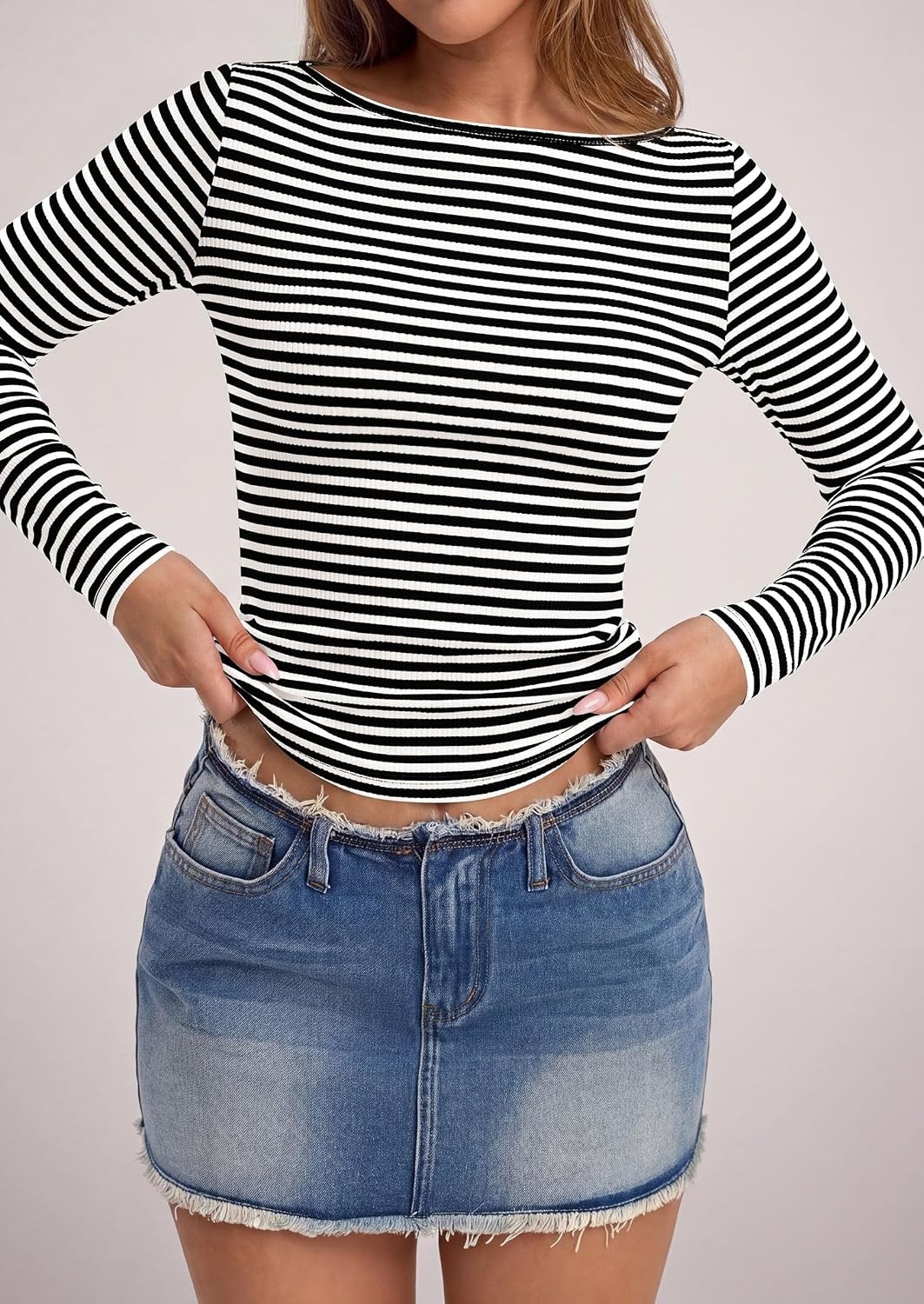 image:imagePRETTYGARDEN Long Sleeve Striped Shirts for Women Soft Ribbed Knit Y2k TshirtSlim Fit LayeringCute TopsBasic TeeBusiness Casual Outfits2026 Spring Fall Trendy ClothesStriped Black White