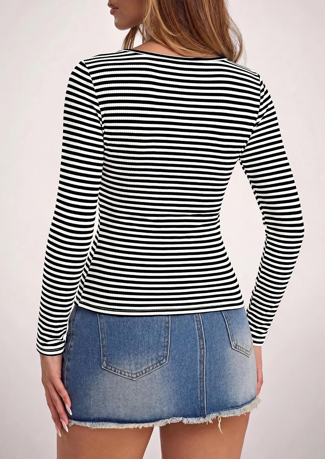 image:imagePRETTYGARDEN Long Sleeve Striped Shirts for Women Soft Ribbed Knit Y2k TshirtSlim Fit LayeringCute TopsBasic TeeBusiness Casual Outfits2026 Spring Fall Trendy ClothesStriped Black White