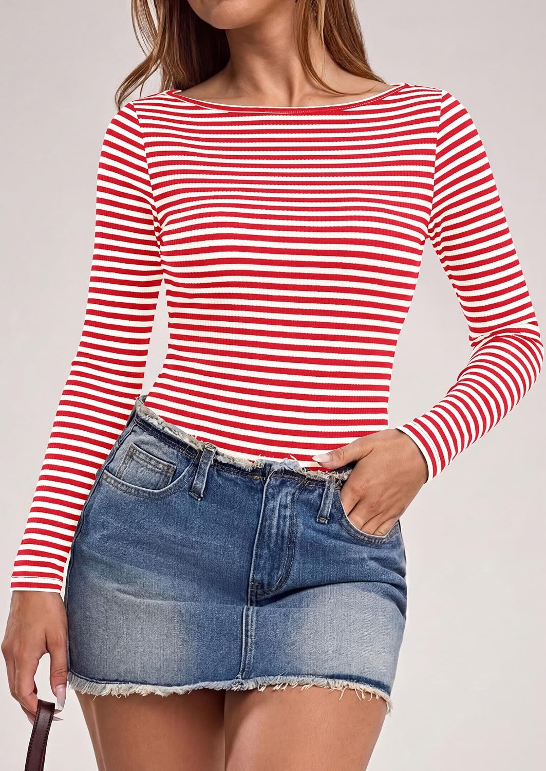 image:imagePRETTYGARDEN Long Sleeve Striped Shirts for Women Soft Ribbed Knit Y2k TshirtSlim Fit LayeringCute TopsBasic TeeBusiness Casual Outfits2026 Spring Fall Trendy ClothesStriped Red White