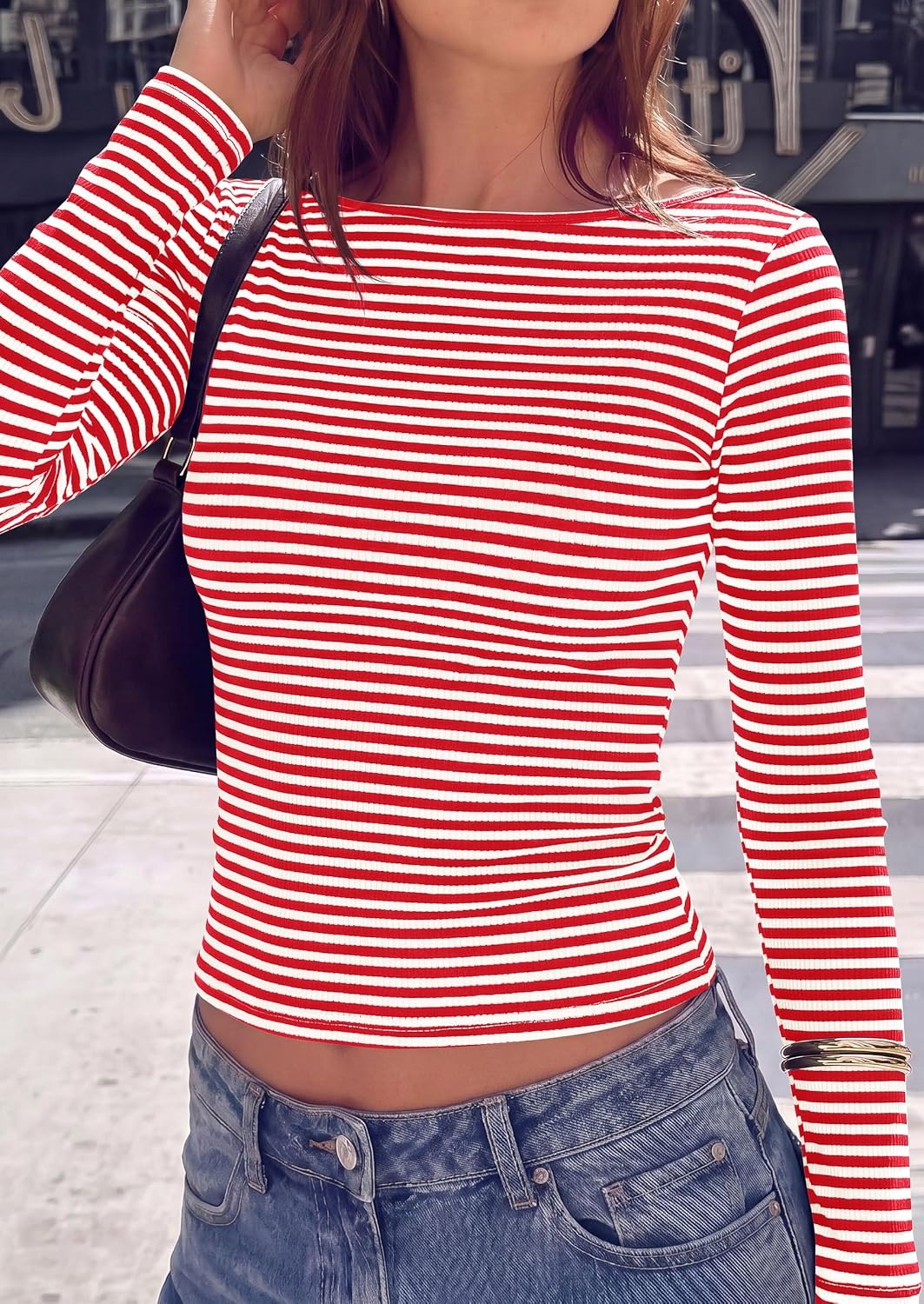 image:imagePRETTYGARDEN Long Sleeve Striped Shirts for Women Soft Ribbed Knit Y2k TshirtSlim Fit LayeringCute TopsBasic TeeBusiness Casual Outfits2026 Spring Fall Trendy ClothesStriped Red White