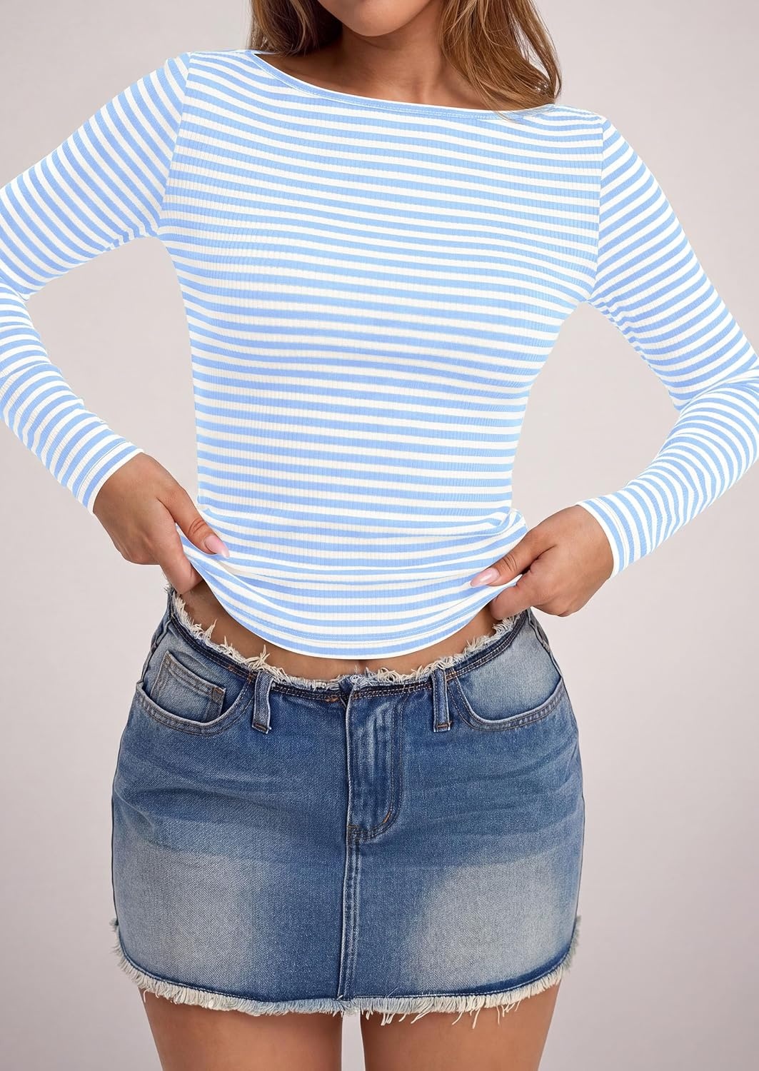 image:imagePRETTYGARDEN Long Sleeve Striped Shirts for Women Soft Ribbed Knit Y2k TshirtSlim Fit LayeringCute TopsBasic TeeBusiness Casual Outfits2026 Spring Fall Trendy ClothesStriped Light Blue White