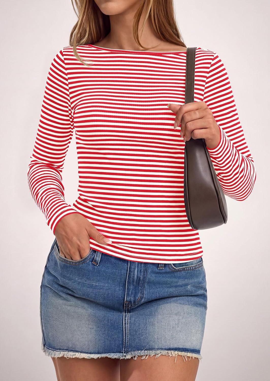 image:imagePRETTYGARDEN Long Sleeve Striped Shirts for Women Soft Ribbed Knit Y2k TshirtSlim Fit LayeringCute TopsBasic TeeBusiness Casual Outfits2026 Spring Fall Trendy ClothesStriped Red White