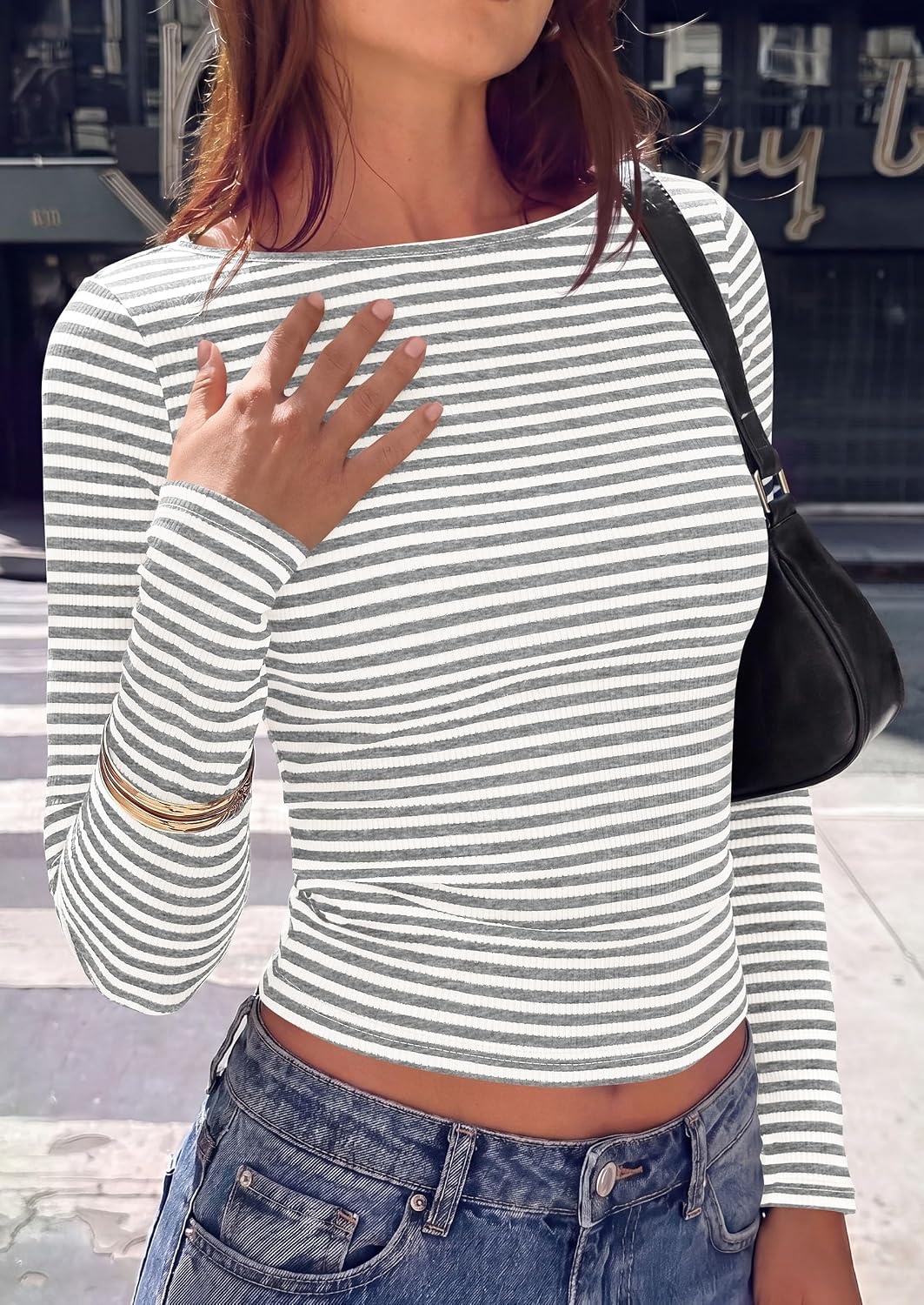 image:imagePRETTYGARDEN Long Sleeve Striped Shirts for Women Soft Ribbed Knit Y2k TshirtSlim Fit LayeringCute TopsBasic TeeBusiness Casual Outfits2026 Spring Fall Trendy ClothesStriped Light Grey White