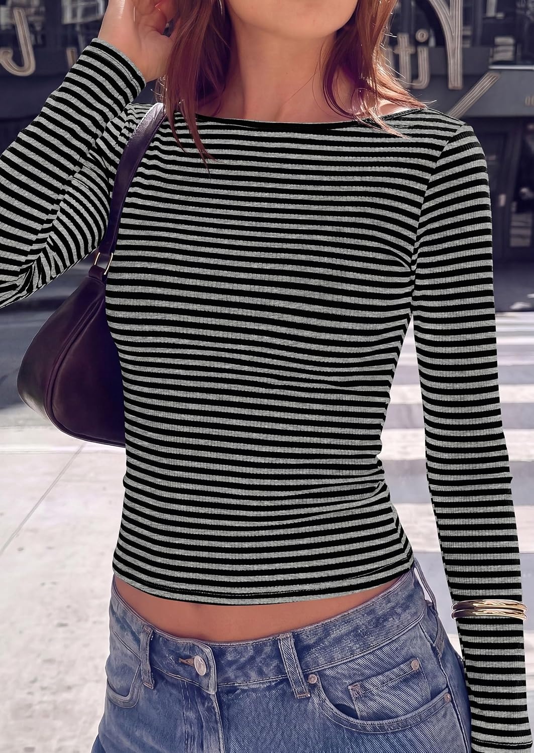 image:imagePRETTYGARDEN Long Sleeve Striped Shirts for Women Soft Ribbed Knit Y2k TshirtSlim Fit LayeringCute TopsBasic TeeBusiness Casual Outfits2026 Spring Fall Trendy ClothesStriped Grey Black