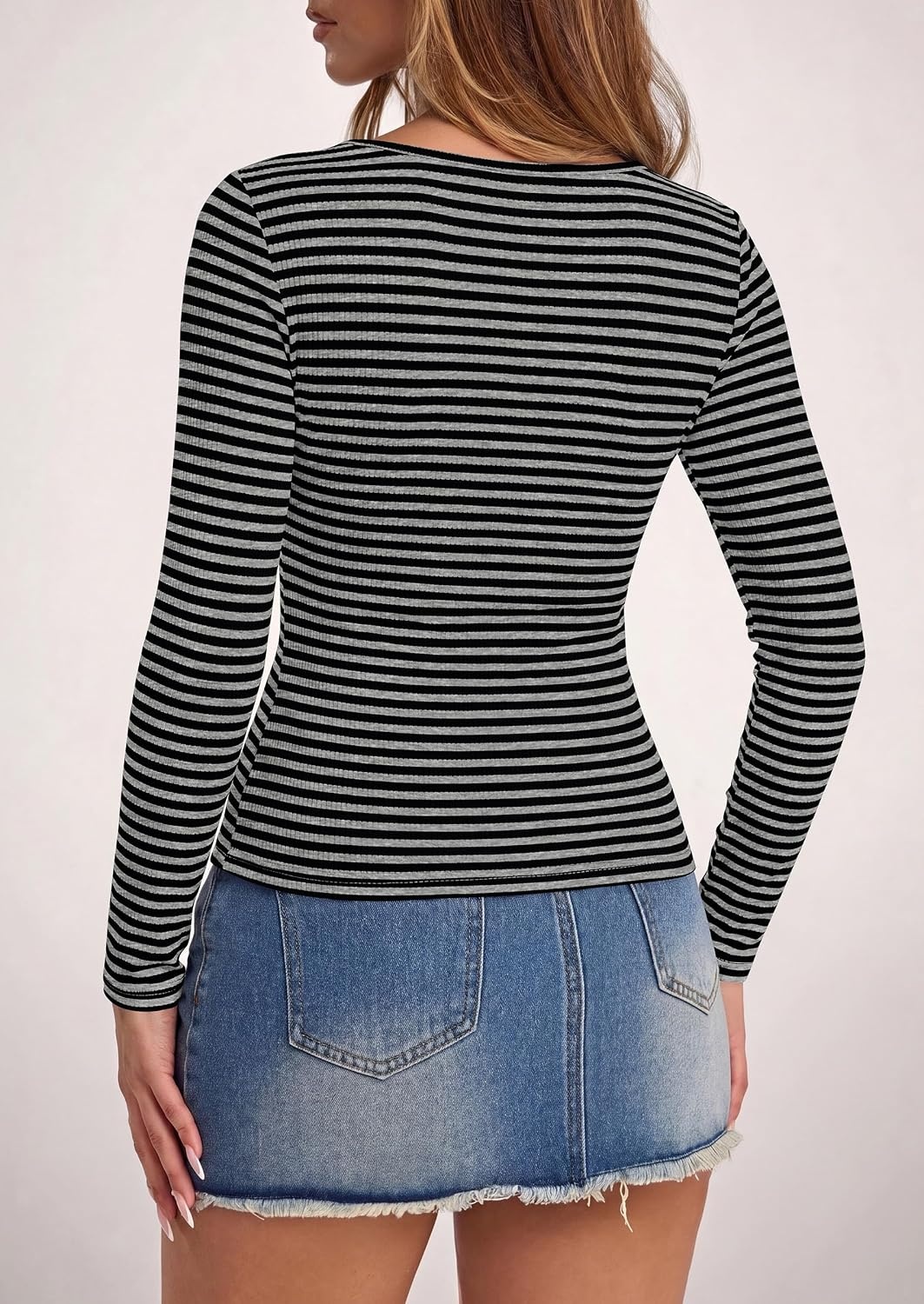 image:imagePRETTYGARDEN Long Sleeve Striped Shirts for Women Soft Ribbed Knit Y2k TshirtSlim Fit LayeringCute TopsBasic TeeBusiness Casual Outfits2026 Spring Fall Trendy ClothesStriped Grey Black