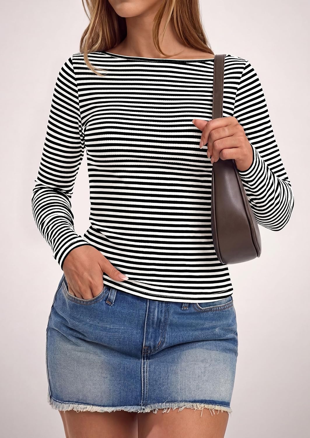 image:imagePRETTYGARDEN Long Sleeve Striped Shirts for Women Soft Ribbed Knit Y2k TshirtSlim Fit LayeringCute TopsBasic TeeBusiness Casual Outfits2026 Spring Fall Trendy ClothesStriped Black White
