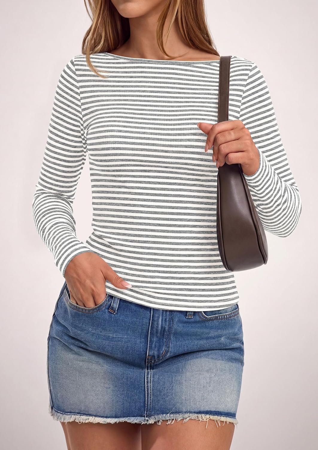 image:imagePRETTYGARDEN Long Sleeve Striped Shirts for Women Soft Ribbed Knit Y2k TshirtSlim Fit LayeringCute TopsBasic TeeBusiness Casual Outfits2026 Spring Fall Trendy ClothesStriped Light Grey White