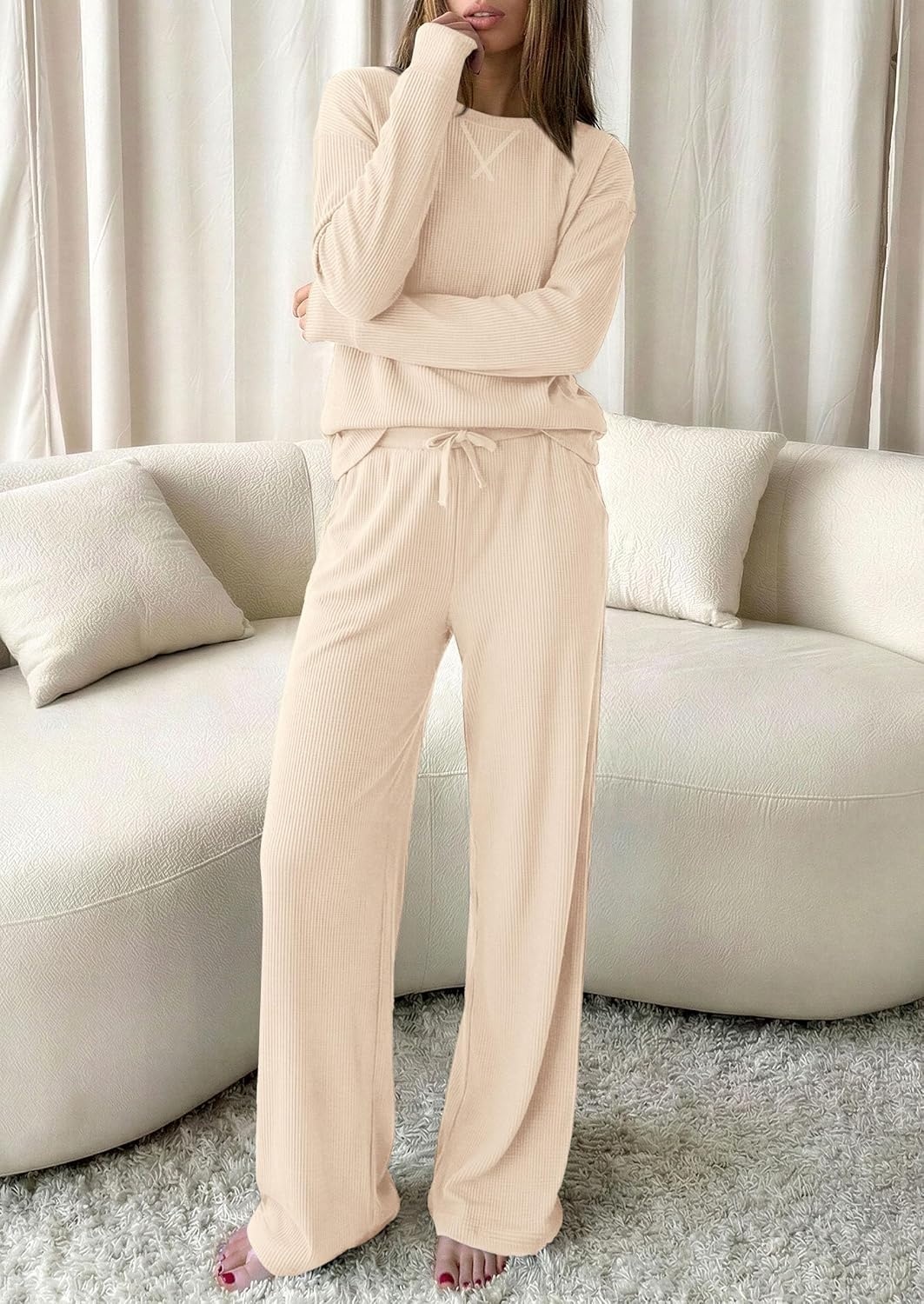 image:imagePRETTYGARDEN Sweatsuits Women 2 Piece Airport Travel Outfits Ribbed Knit Lounge Sets Casual Athleisure Wear Matching Long Sleeve Shirts amp Wide Leg Pants Pockets Fall Winter ClothesApricot