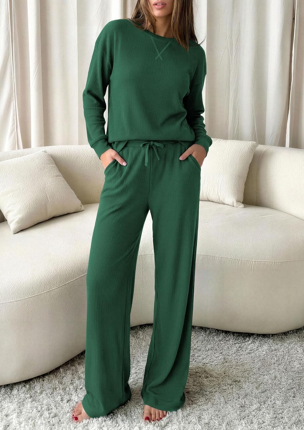 image:imagePRETTYGARDEN Sweatsuits Women 2 Piece Airport Travel Outfits Ribbed Knit Lounge Sets Casual Athleisure Wear Matching Long Sleeve Shirts amp Wide Leg Pants Pockets Fall Winter ClothesDark Green
