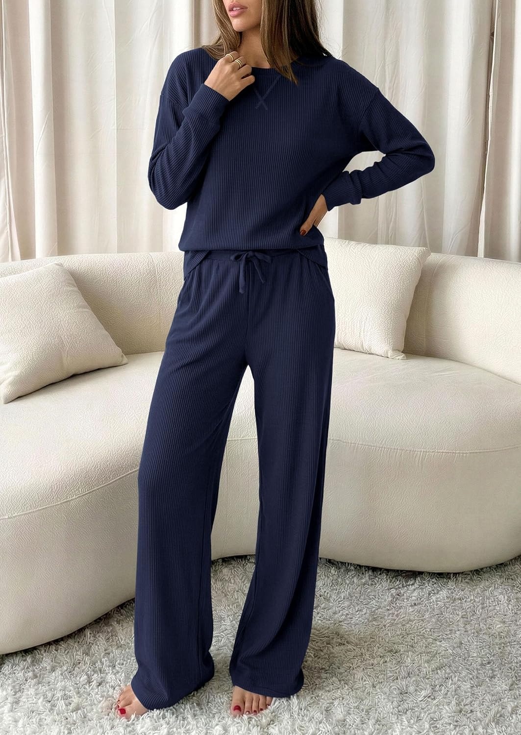 image:imagePRETTYGARDEN Sweatsuits Women 2 Piece Airport Travel Outfits Ribbed Knit Lounge Sets Casual Athleisure Wear Matching Long Sleeve Shirts amp Wide Leg Pants Pockets Fall Winter ClothesNavy Blue