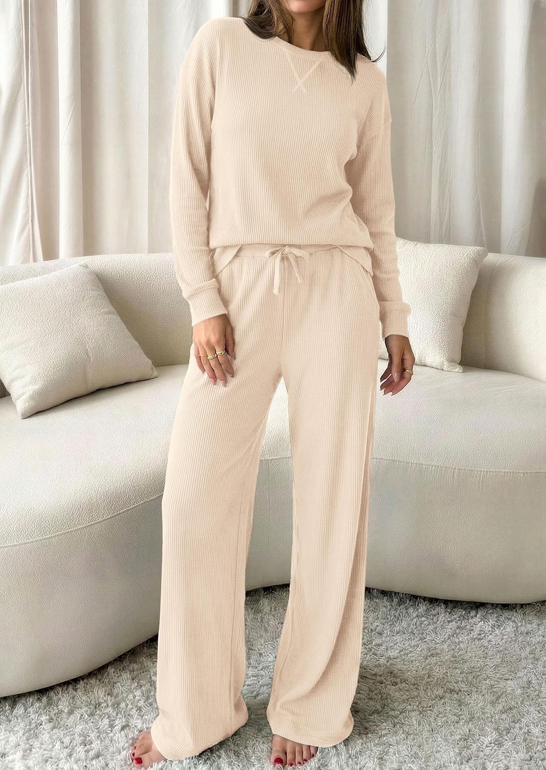 image:imagePRETTYGARDEN Sweatsuits Women 2 Piece Airport Travel Outfits Ribbed Knit Lounge Sets Casual Athleisure Wear Matching Long Sleeve Shirts amp Wide Leg Pants Pockets Fall Winter ClothesApricot