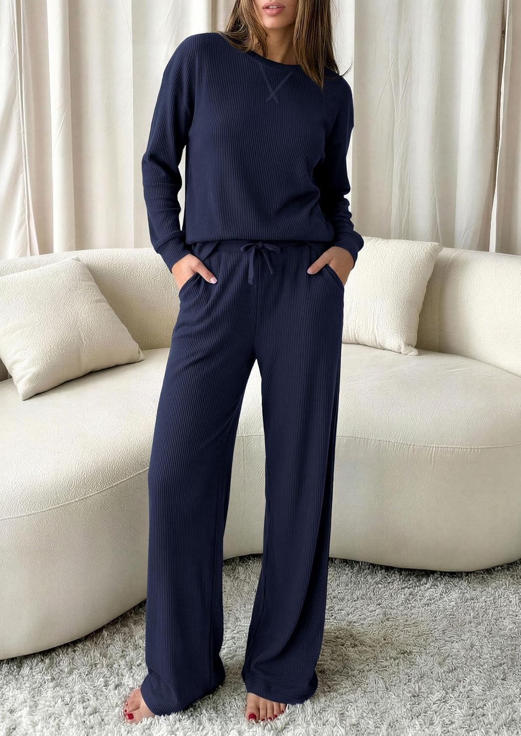 image:imagePRETTYGARDEN Sweatsuits Women 2 Piece Airport Travel Outfits Ribbed Knit Lounge Sets Casual Athleisure Wear Matching Long Sleeve Shirts amp Wide Leg Pants Pockets Fall Winter ClothesNavy Blue