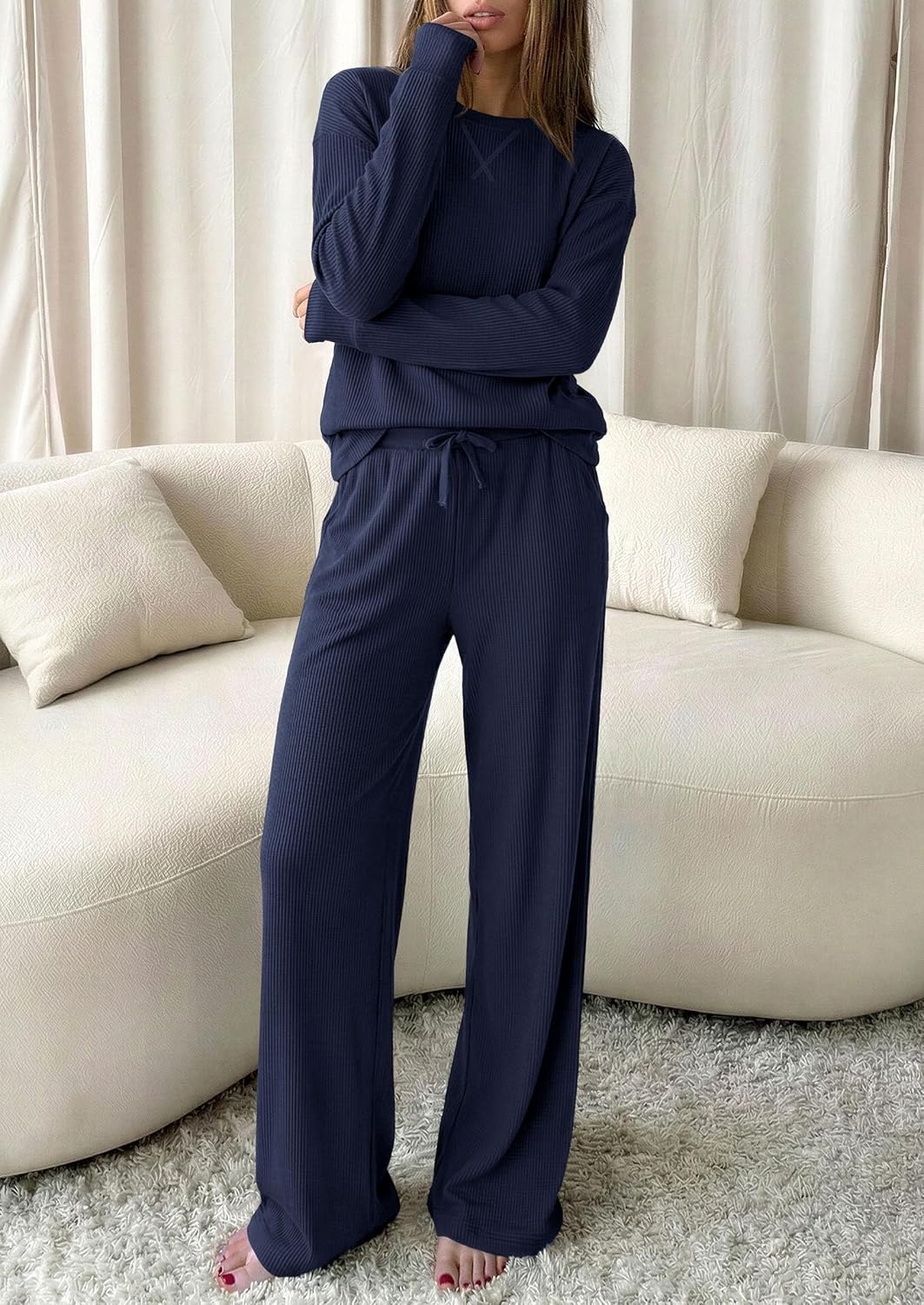image:imagePRETTYGARDEN Sweatsuits Women 2 Piece Airport Travel Outfits Ribbed Knit Lounge Sets Casual Athleisure Wear Matching Long Sleeve Shirts amp Wide Leg Pants Pockets Fall Winter ClothesNavy Blue