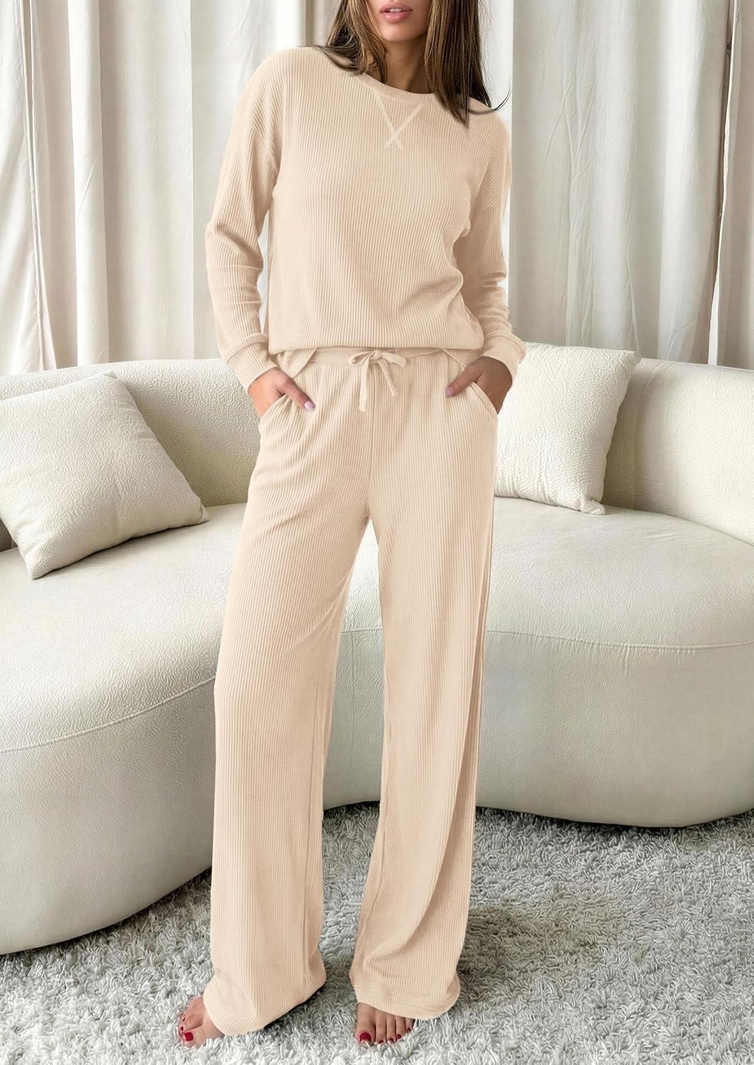 image:imagePRETTYGARDEN Sweatsuits Women 2 Piece Airport Travel Outfits Ribbed Knit Lounge Sets Casual Athleisure Wear Matching Long Sleeve Shirts amp Wide Leg Pants Pockets Fall Winter ClothesApricot
