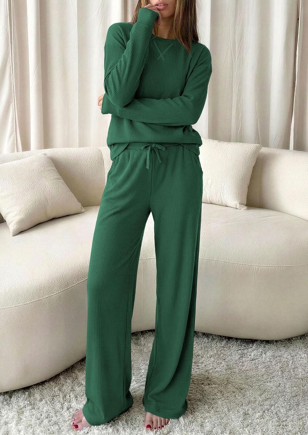 image:imagePRETTYGARDEN Sweatsuits Women 2 Piece Airport Travel Outfits Ribbed Knit Lounge Sets Casual Athleisure Wear Matching Long Sleeve Shirts amp Wide Leg Pants Pockets Fall Winter ClothesDark Green