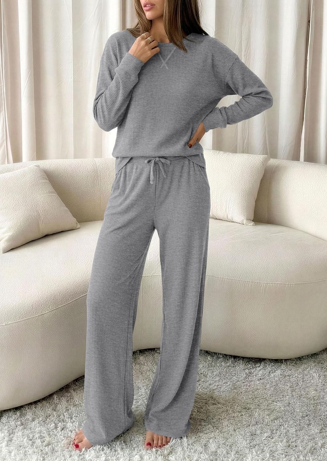 image:imagePRETTYGARDEN Sweatsuits Women 2 Piece Airport Travel Outfits Ribbed Knit Lounge Sets Casual Athleisure Wear Matching Long Sleeve Shirts amp Wide Leg Pants Pockets Fall Winter ClothesGrey