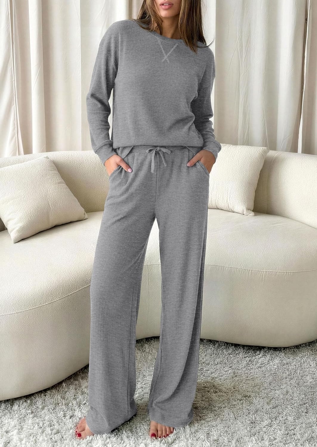 image:imagePRETTYGARDEN Sweatsuits Women 2 Piece Airport Travel Outfits Ribbed Knit Lounge Sets Casual Athleisure Wear Matching Long Sleeve Shirts amp Wide Leg Pants Pockets Fall Winter ClothesGrey