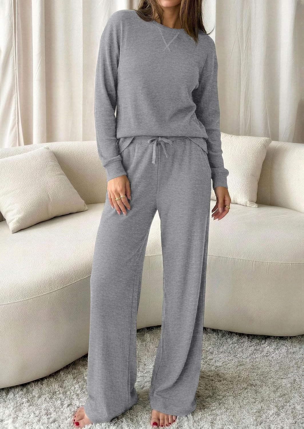 image:imagePRETTYGARDEN Sweatsuits Women 2 Piece Airport Travel Outfits Ribbed Knit Lounge Sets Casual Athleisure Wear Matching Long Sleeve Shirts amp Wide Leg Pants Pockets Fall Winter ClothesGrey