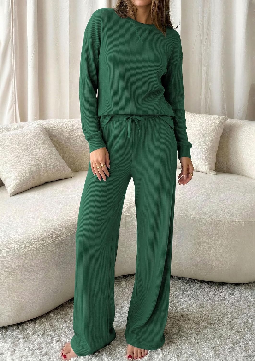 image:imagePRETTYGARDEN Sweatsuits Women 2 Piece Airport Travel Outfits Ribbed Knit Lounge Sets Casual Athleisure Wear Matching Long Sleeve Shirts amp Wide Leg Pants Pockets Fall Winter ClothesDark Green