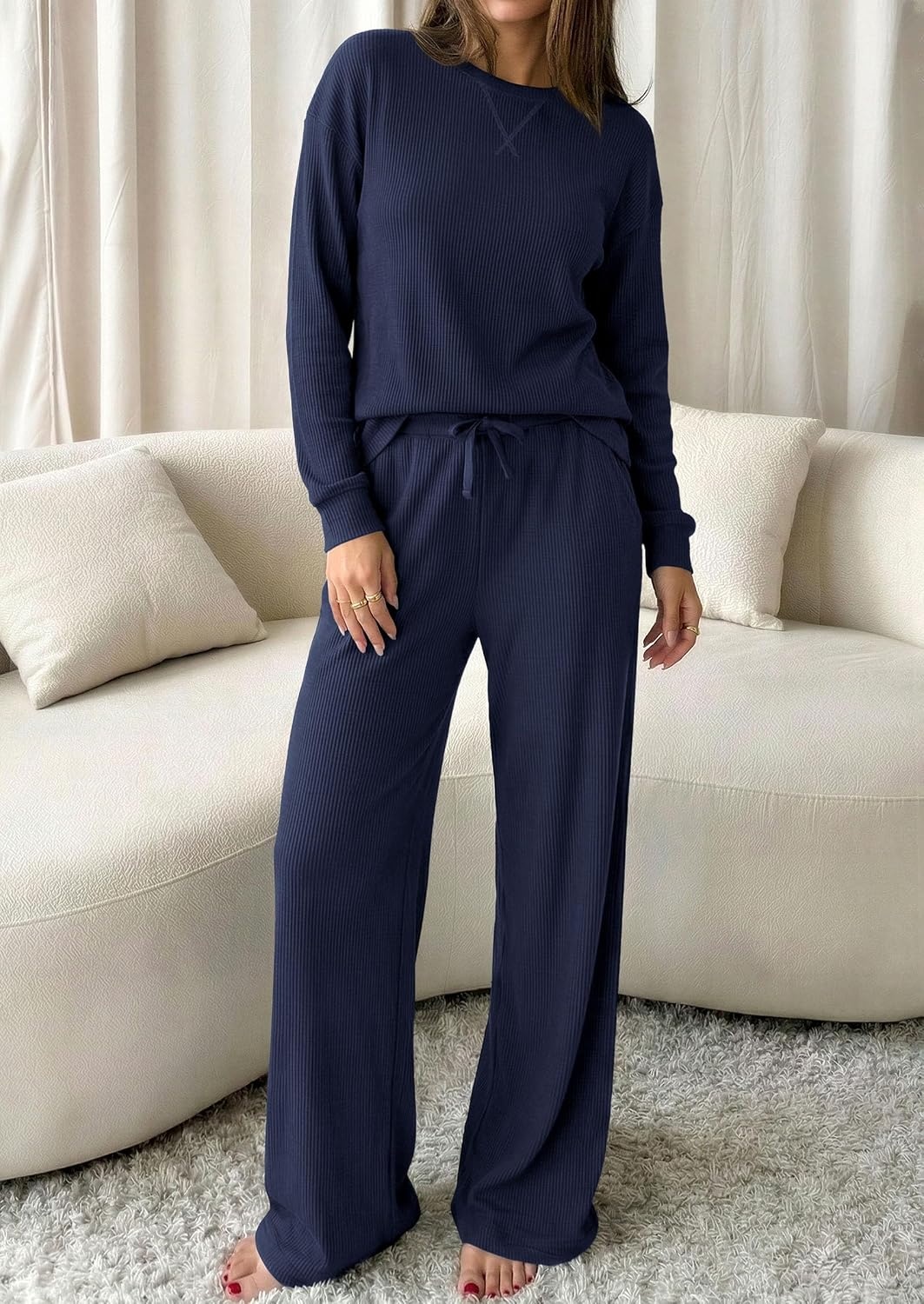 image:imagePRETTYGARDEN Sweatsuits Women 2 Piece Airport Travel Outfits Ribbed Knit Lounge Sets Casual Athleisure Wear Matching Long Sleeve Shirts amp Wide Leg Pants Pockets Fall Winter ClothesNavy Blue