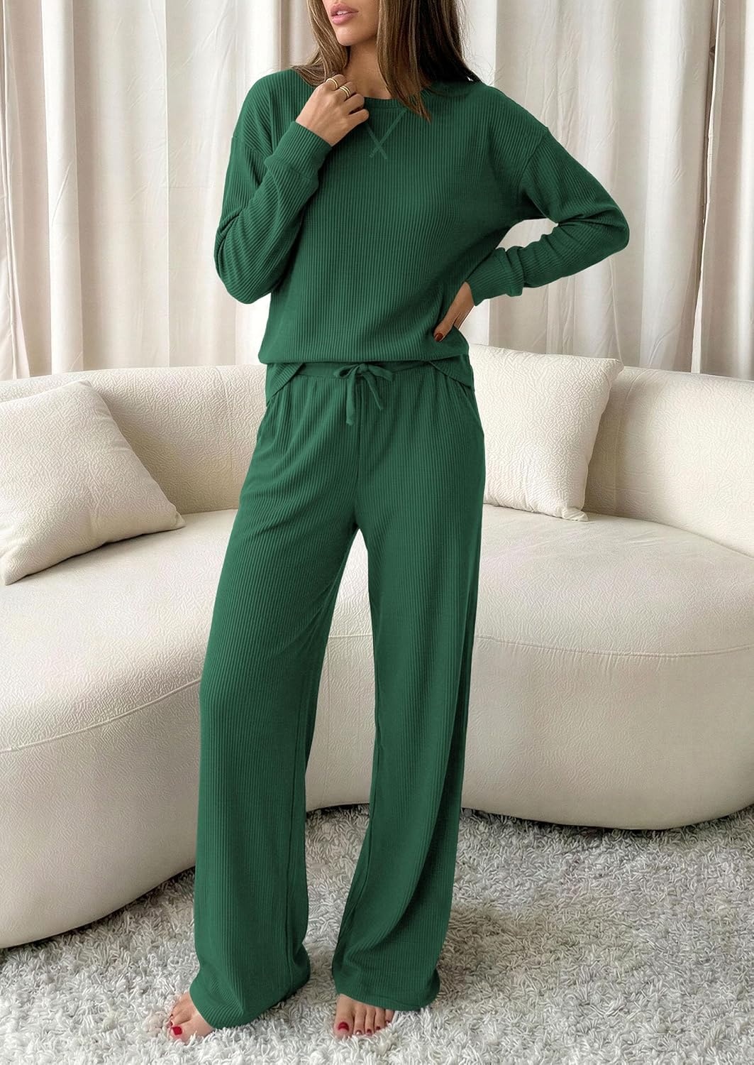 image:imagePRETTYGARDEN Sweatsuits Women 2 Piece Airport Travel Outfits Ribbed Knit Lounge Sets Casual Athleisure Wear Matching Long Sleeve Shirts amp Wide Leg Pants Pockets Fall Winter ClothesDark Green