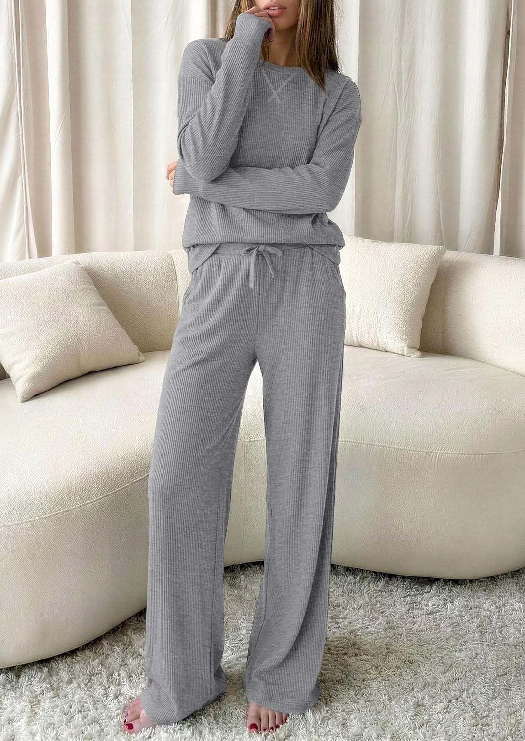 image:imagePRETTYGARDEN Sweatsuits Women 2 Piece Airport Travel Outfits Ribbed Knit Lounge Sets Casual Athleisure Wear Matching Long Sleeve Shirts amp Wide Leg Pants Pockets Fall Winter ClothesGrey
