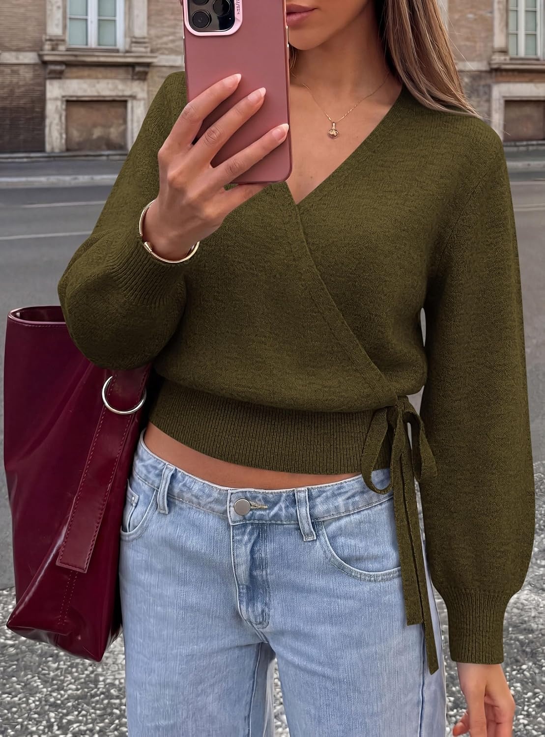 image:imagePRETTYGARDEN V Neck Wrap Sweaters for Women Fall Outifts Pullover Long Sleeve Knit TopsCross V Neck with Hidden SnapTie WaistCozy Warm Winter Clothes for WorkTravelVacationGoing OutArmy Green