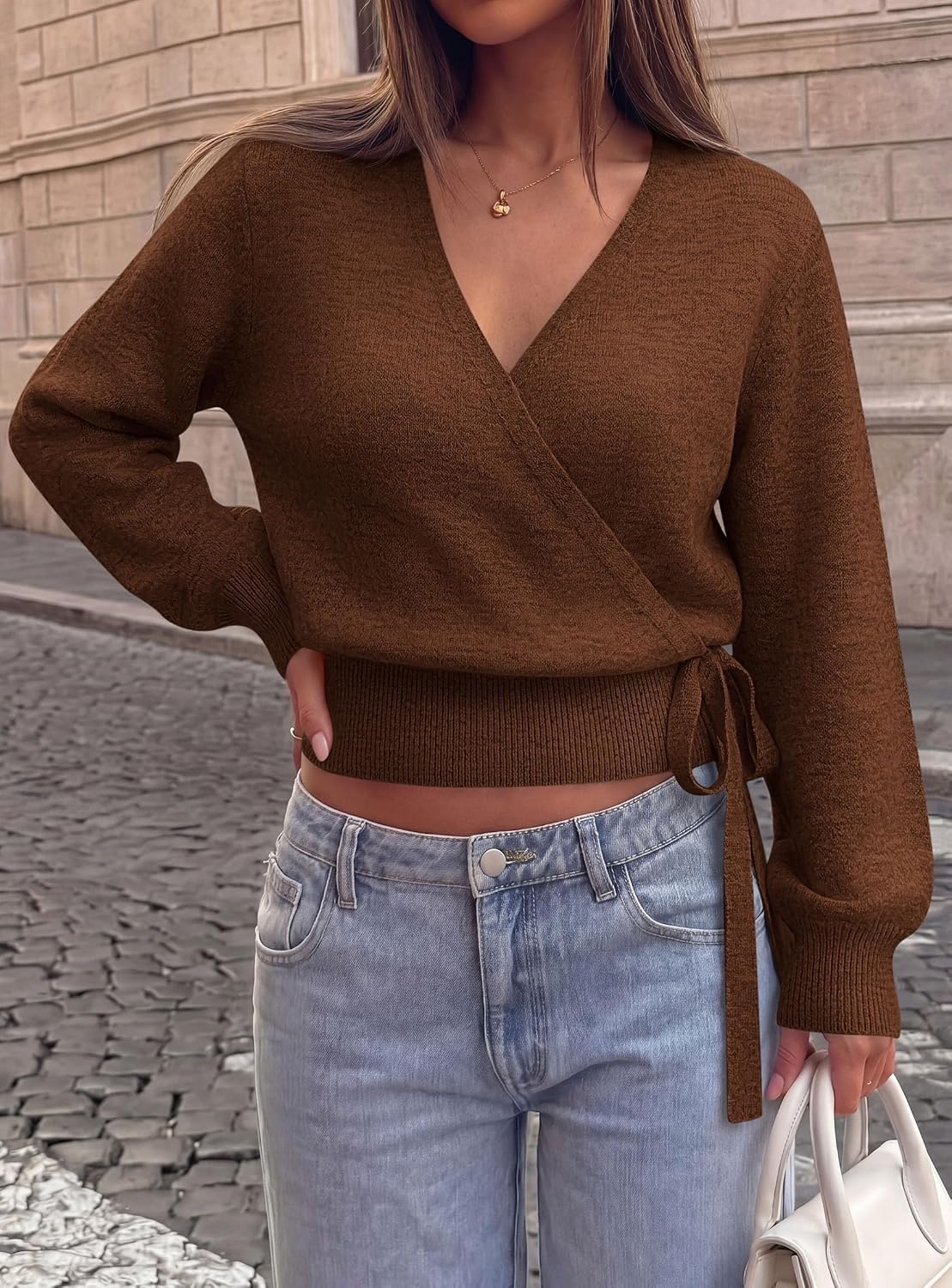 image:imagePRETTYGARDEN V Neck Wrap Sweaters for Women Fall Outifts Pullover Long Sleeve Knit TopsCross V Neck with Hidden SnapTie WaistCozy Warm Winter Clothes for WorkTravelVacationGoing OutBrown