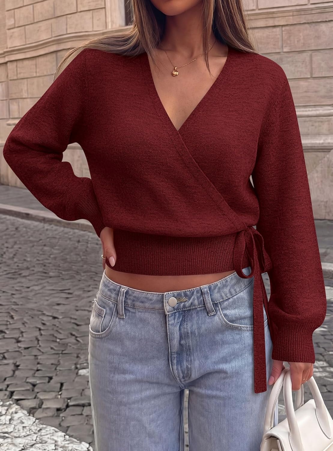 image:imagePRETTYGARDEN V Neck Wrap Sweaters for Women Fall Outifts Pullover Long Sleeve Knit TopsCross V Neck with Hidden SnapTie WaistCozy Warm Winter Clothes for WorkTravelVacationGoing OutWine Red