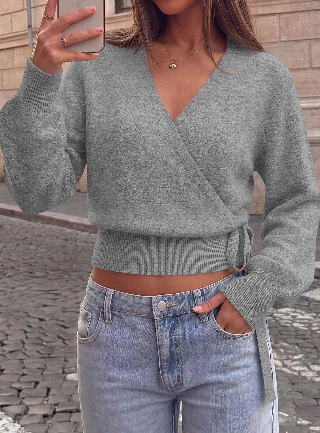 image:imagePRETTYGARDEN V Neck Wrap Sweaters for Women Fall Outifts Pullover Long Sleeve Knit TopsCross V Neck with Hidden SnapTie WaistCozy Warm Winter Clothes for WorkTravelVacationGoing OutGrey