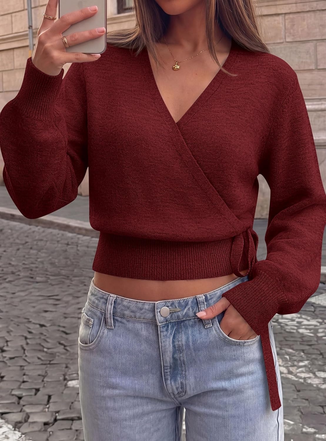 image:imagePRETTYGARDEN V Neck Wrap Sweaters for Women Fall Outifts Pullover Long Sleeve Knit TopsCross V Neck with Hidden SnapTie WaistCozy Warm Winter Clothes for WorkTravelVacationGoing OutWine Red