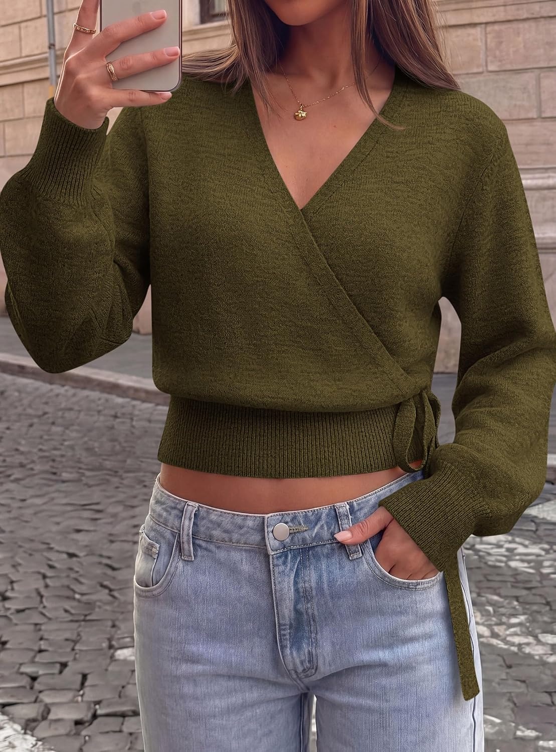 image:imagePRETTYGARDEN V Neck Wrap Sweaters for Women Fall Outifts Pullover Long Sleeve Knit TopsCross V Neck with Hidden SnapTie WaistCozy Warm Winter Clothes for WorkTravelVacationGoing OutArmy Green