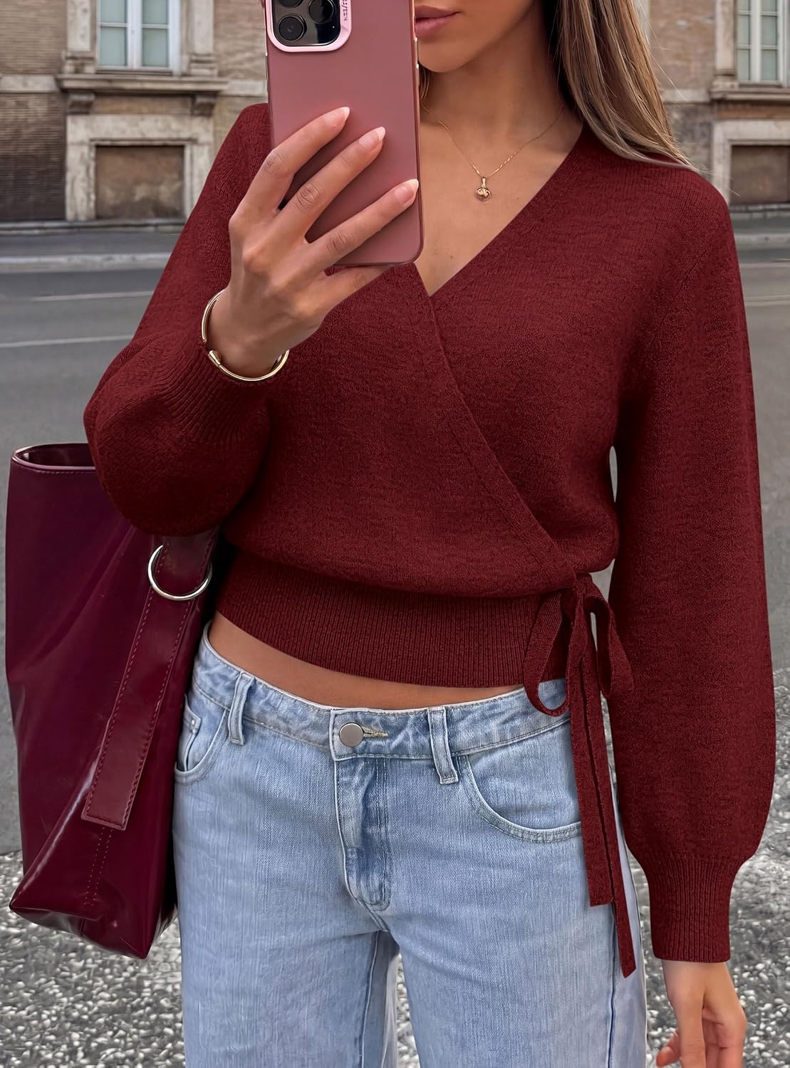 image:imagePRETTYGARDEN V Neck Wrap Sweaters for Women Fall Outifts Pullover Long Sleeve Knit TopsCross V Neck with Hidden SnapTie WaistCozy Warm Winter Clothes for WorkTravelVacationGoing OutWine Red