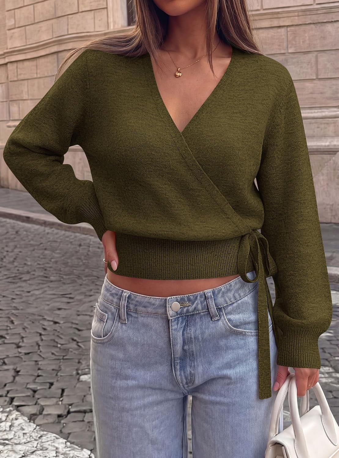 image:imagePRETTYGARDEN V Neck Wrap Sweaters for Women Fall Outifts Pullover Long Sleeve Knit TopsCross V Neck with Hidden SnapTie WaistCozy Warm Winter Clothes for WorkTravelVacationGoing OutArmy Green