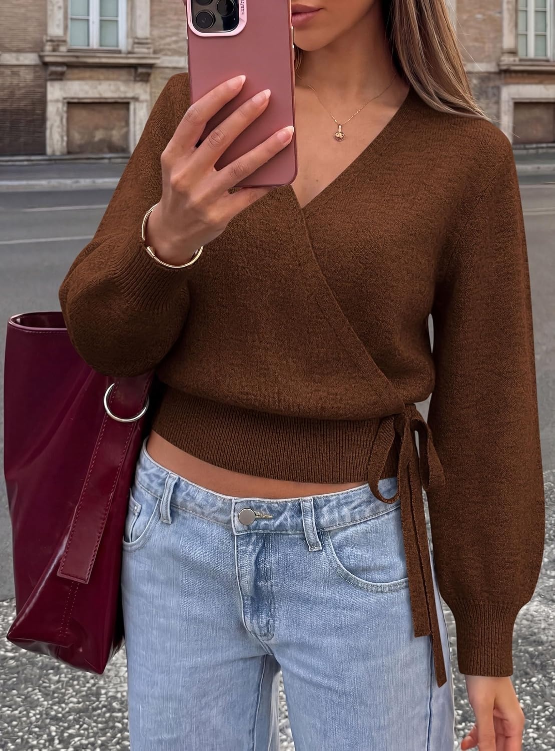 image:imagePRETTYGARDEN V Neck Wrap Sweaters for Women Fall Outifts Pullover Long Sleeve Knit TopsCross V Neck with Hidden SnapTie WaistCozy Warm Winter Clothes for WorkTravelVacationGoing OutBrown