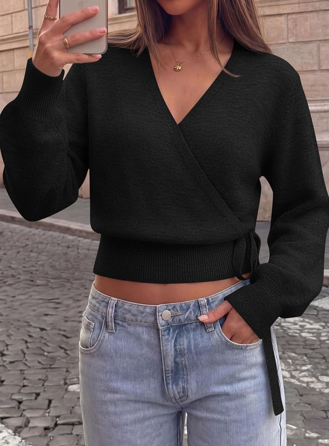 image:imagePRETTYGARDEN V Neck Wrap Sweaters for Women Fall Outifts Pullover Long Sleeve Knit TopsCross V Neck with Hidden SnapTie WaistCozy Warm Winter Clothes for WorkTravelVacationGoing OutBlack