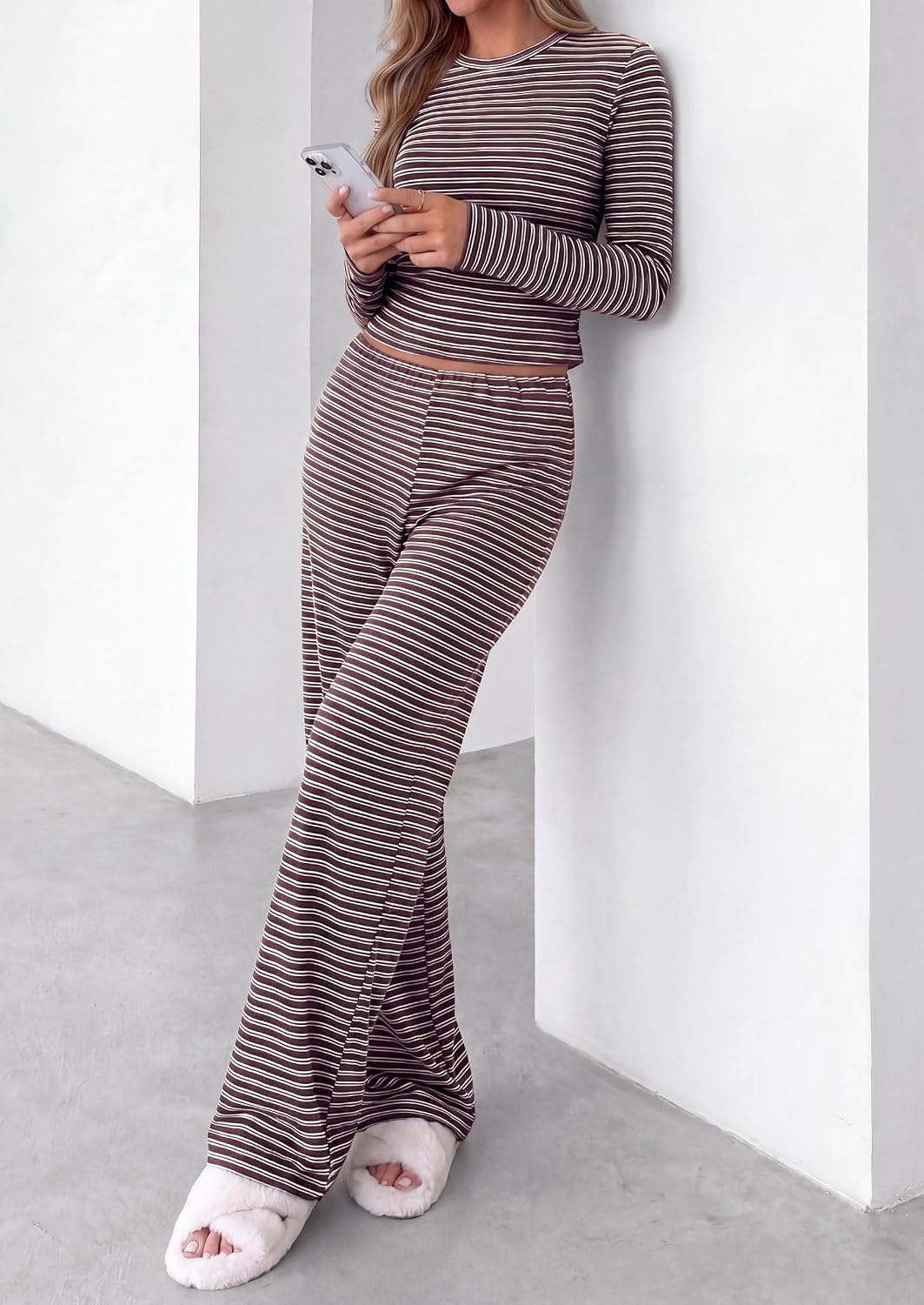 image:imagePRETTYGARDEN Women 2 Piece Striped Lounge Sets Soft Cozy Knit Matching Airport Travel Outfits Long Sleeve Shirts Wide Leg Pants Pockets Fall Winter Comfy Casual ClothesStriped Dark Brown White