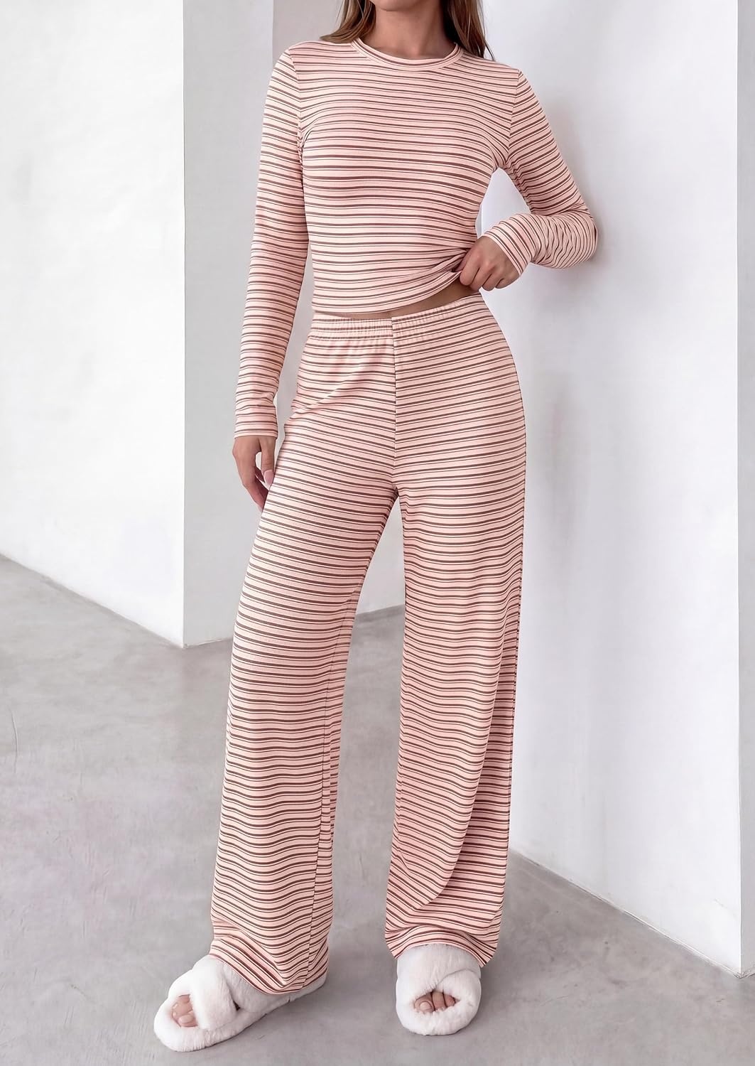 image:imagePRETTYGARDEN Women 2 Piece Striped Lounge Sets Soft Cozy Knit Matching Airport Travel Outfits Long Sleeve Shirts Wide Leg Pants Pockets Fall Winter Comfy Casual ClothesStriped Pink Brown