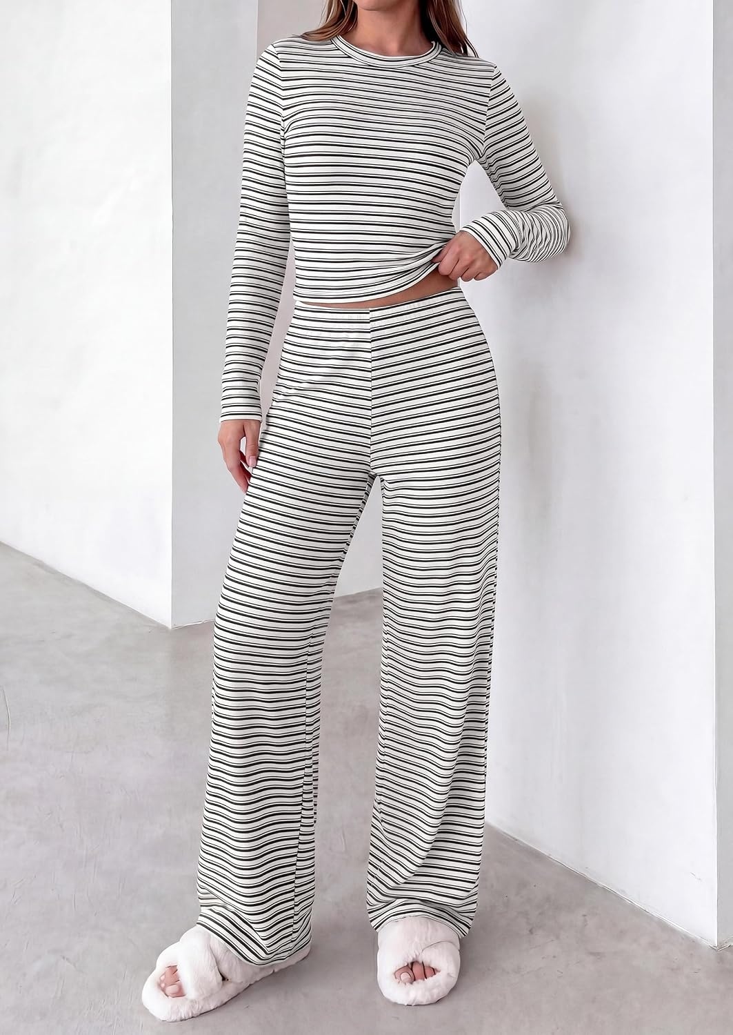 image:imagePRETTYGARDEN Women 2 Piece Striped Lounge Sets Soft Cozy Knit Matching Airport Travel Outfits Long Sleeve Shirts Wide Leg Pants Pockets Fall Winter Comfy Casual ClothesStriped White Black