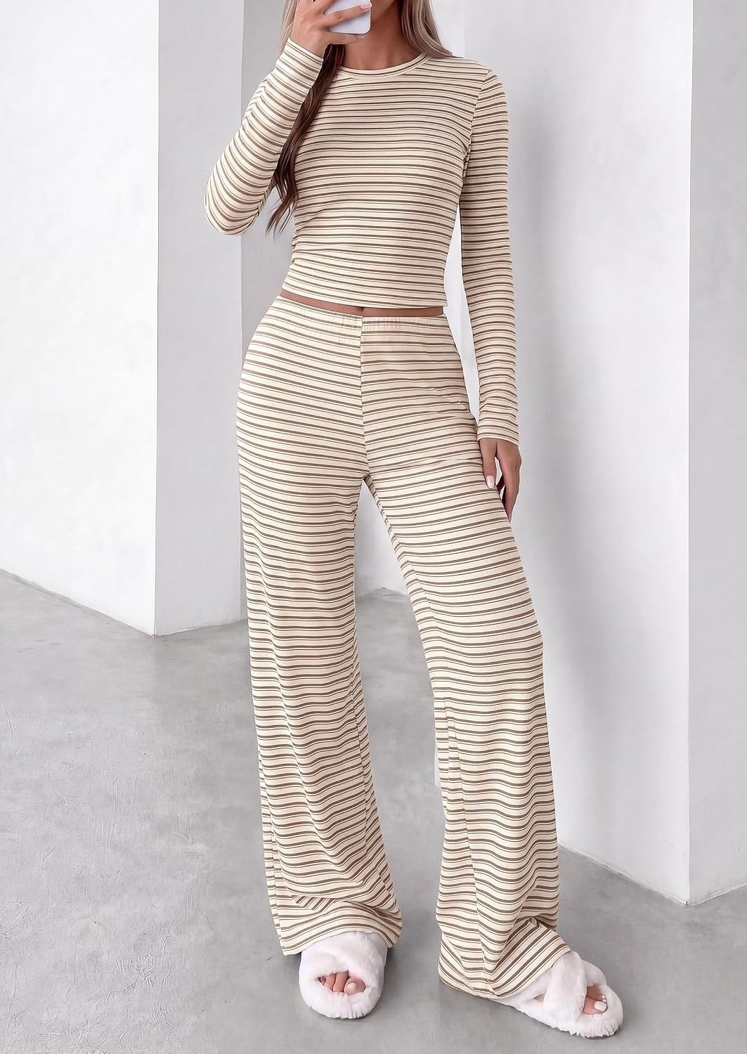 image:imagePRETTYGARDEN Women 2 Piece Striped Lounge Sets Soft Cozy Knit Matching Airport Travel Outfits Long Sleeve Shirts Wide Leg Pants Pockets Fall Winter Comfy Casual ClothesStriped Beige Brown